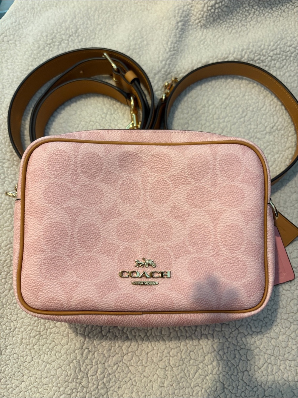 Coach Pink Signature Convertible Crossbody with Tan Trim